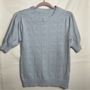 Baby Blue Puff Sleeve Eyelet Knit Sweater Dainty Girl Cottagecore Top Medium